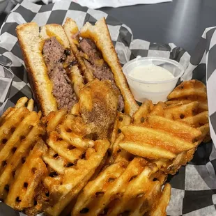 Patty Melt with waffle fries and ranch for dipping