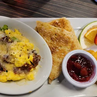 Scramble with asparagus,  bacon, Gruyère cheese, homemade toast, cherry jam, cheesy potato casserole,  pretty fruit