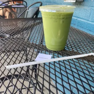Iced matcha latte with almond milk