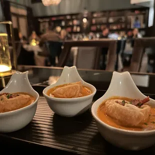 Grilled Cheese Dumplings in Tomato Bisque