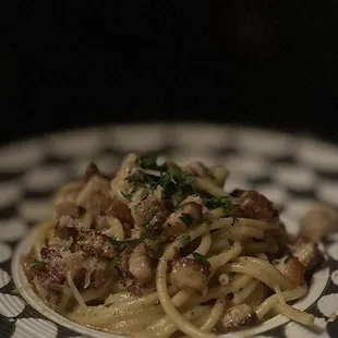 Bucatini: Black Pepper Citrus Cream Sauce, Crispy Pork Belly, Parmesan Cheese, Bread Crumbs | $27
