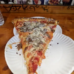 a slice of pizza on a paper plate