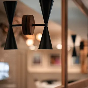 the reflection of the bar and the lights