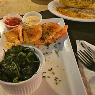 Stuffed shrimp, spinach and corn on the cob