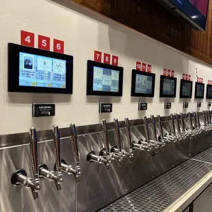 a row of beer taps in a bar