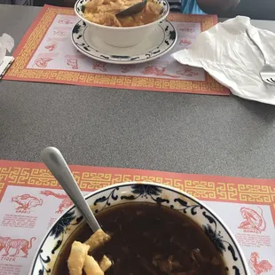 Egg drop soup and hot and sour soup.  Was hot and hearty