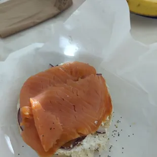 Open face lox bagel. It was so good I forgot to take a picture until after I ate half.