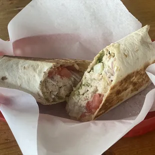 Albacore tuna melt wrap. yum!  Toasted warm wrap and hearty portion of tuna too.