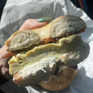 Garlic bagel, egg, bacon, spinach cream cheese