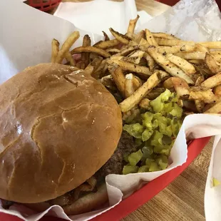 a hamburger and fries