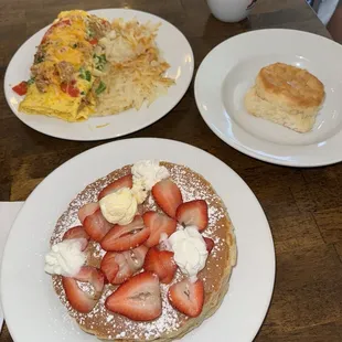 Strawberry Pancakes &amp; Chicken Carnitas Omelette