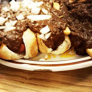 Chili dogs and chili fries, one big pile of chili