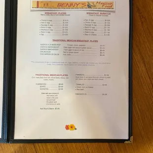 the menu of the restaurant