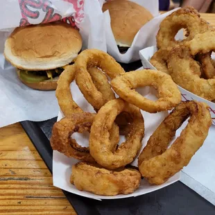 onion rings and a burger