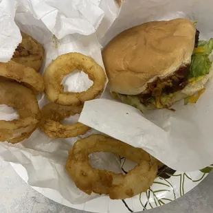 Onion rings and #4 add bbq sauce