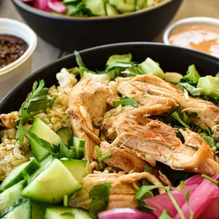 Chicken hearty bowl, made with chicken slow roasted at low temps for hours