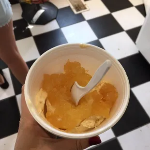 Homemade peach ice cream with pineapple on top. Yum!