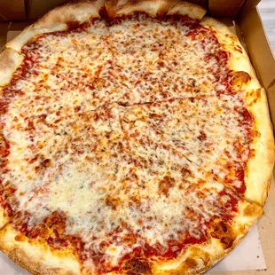 a cheese pizza in a box