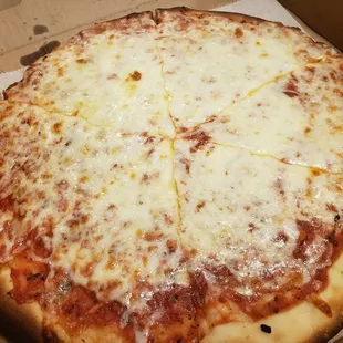 a cheese pizza in a box