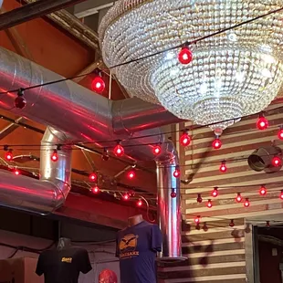 a chandelier hanging from the ceiling