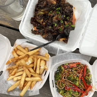 Fries, Cold Noodle Salad, Bang Bang Brussels/Cauliflower