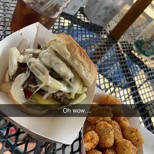 Mushroom Swiss Burger and tots.