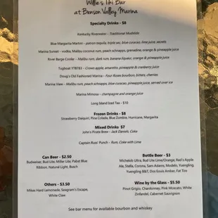 Drinks menu
