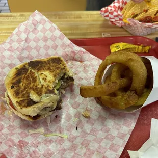 Burger and rings Burger was good