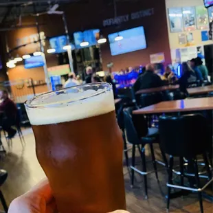 a person holding a pint of beer