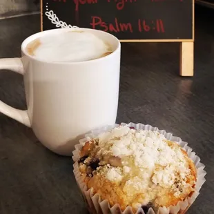 Blueberry streusel muffins and a latte