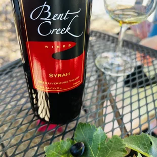 Syrah bottle with Syrah grapes