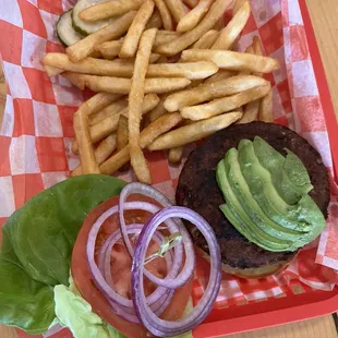 Veggie burger and fries