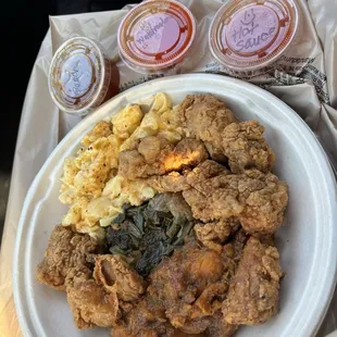 Chicken, greens, sweet potatoes, Mac and cheese...