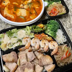 Pork Belly Bento Box and Seafood Soft Tofu Stew