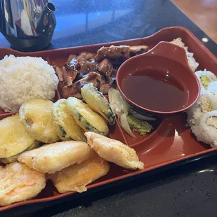 3 item bento (vegetable tempura, California Roll and chicken teriyaki)