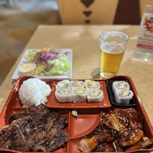 Short ribs and chicken teriyaki bento box + California roll + Sapporo
