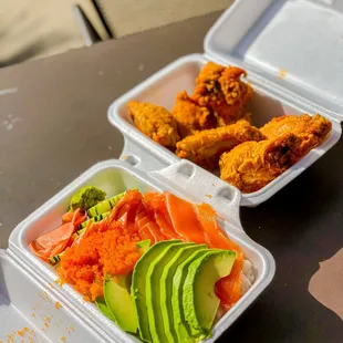 Salmon sashimi bowl and their fried chicken