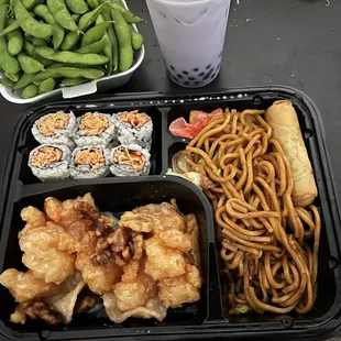 Coconut Shrimp with Honey Walnut Bento Box (Substitute Spicy Crab Meat Roll &amp; Noodles) - Taro Bubble Tea - Edamame