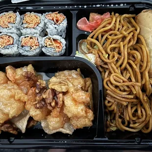 Coconut Shrimp with Honey Walnut Bento Box (Substitute Spicy Crab Meat Roll &amp; Noodles)