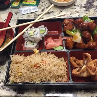 Bento box with egg drop soup