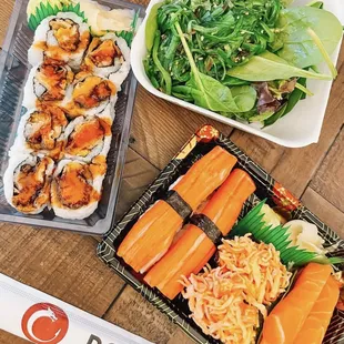 Sweet potato roll, seaweed salad, and nigiri