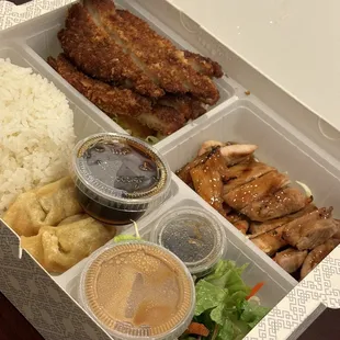 Bento Box with ENT-Chicken Karaage, ENT-Bentobox Chicken Teriyaki, SALAD- House, dumplings