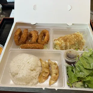 Squid tempura, rolls, dumplings, &amp; salad.