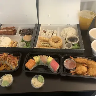 Bento Box (2), Fire &amp; Rainbow Roll, House &amp; Mango Tea w/Boba, and Buttermilk Shrimp