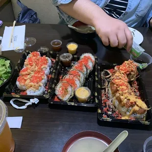 From left to right. Scallop popcorn roll, Las Vegas roll and fire roll