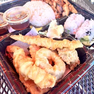 Spicy honey chicken, tempura and CA roll