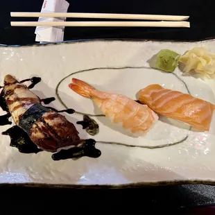 Nigiri Unagi (eel), Ebi (shrimp) and Sake (salmon)