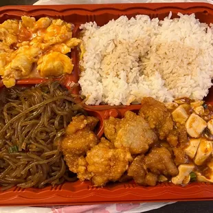 Too left counter clockwise: tomato egg, noodle/vermicelli, orange chicken, mapo tofu