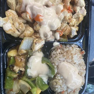 Mango Box with Fried Rice , Grilled Chicken, green pepper, onion... MY FAVORITE