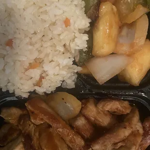 Hawaiian box with pork , pineapple, white rice
